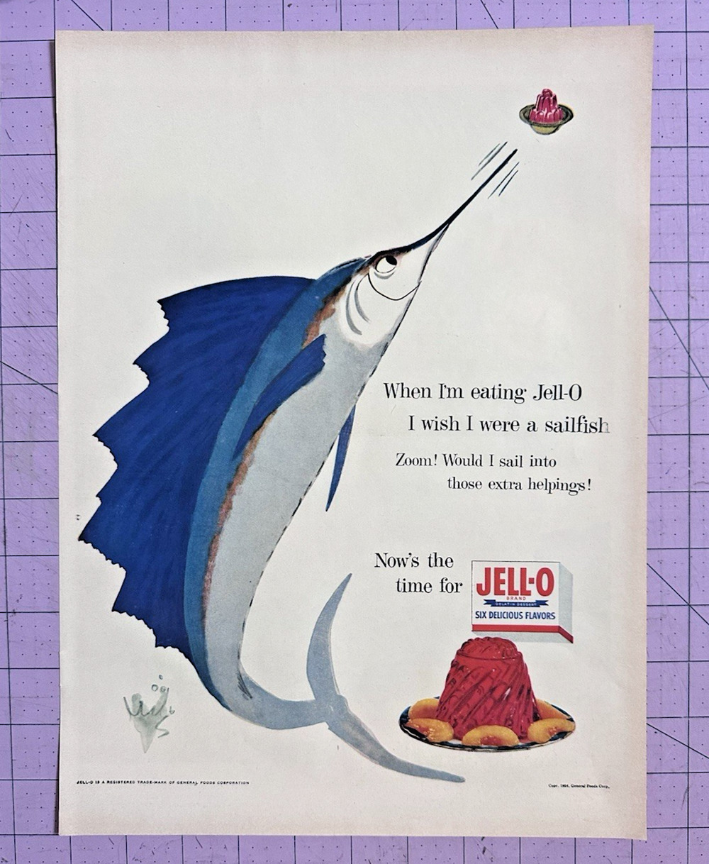 Sailfish I Wish I Were Jell-O 1954 Ad Magazine Print Swordfish Dessert Fish